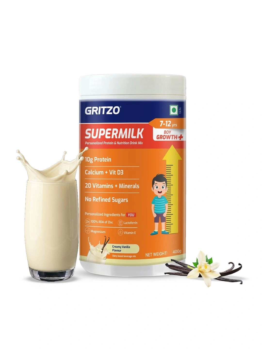 Gritzo SuperMilk Growth+ 7-12 Boys Protein Powder 400g Creamy Vanilla