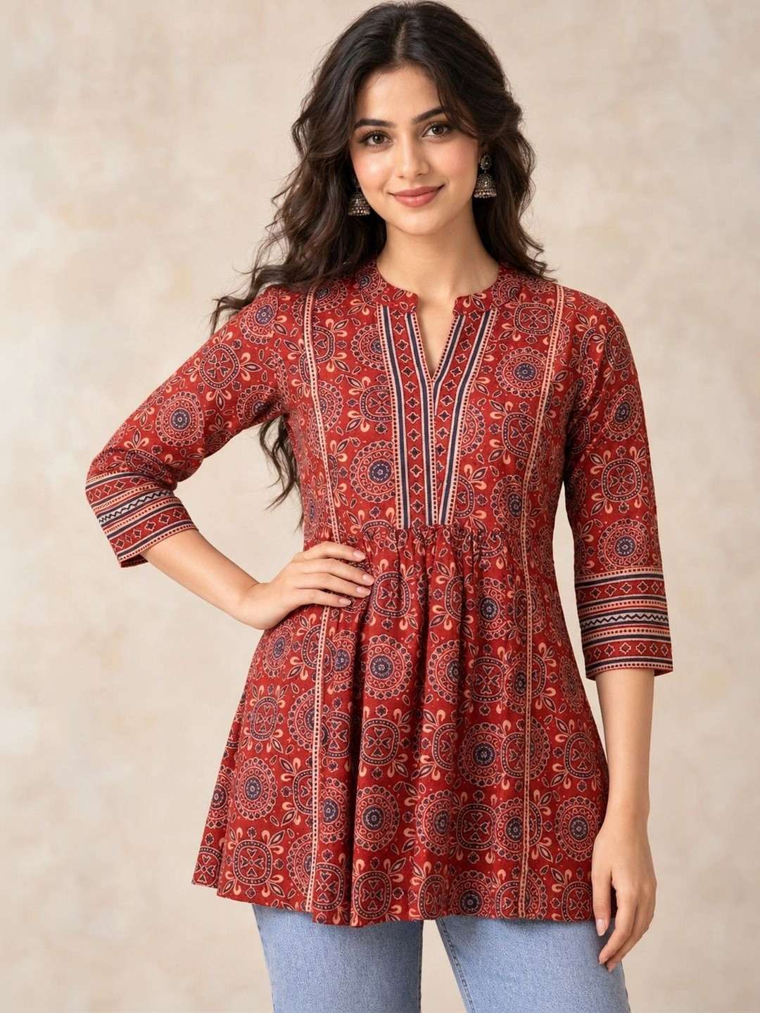 GULMEHAK Mandarin Collar Printed Ethnic Tunic