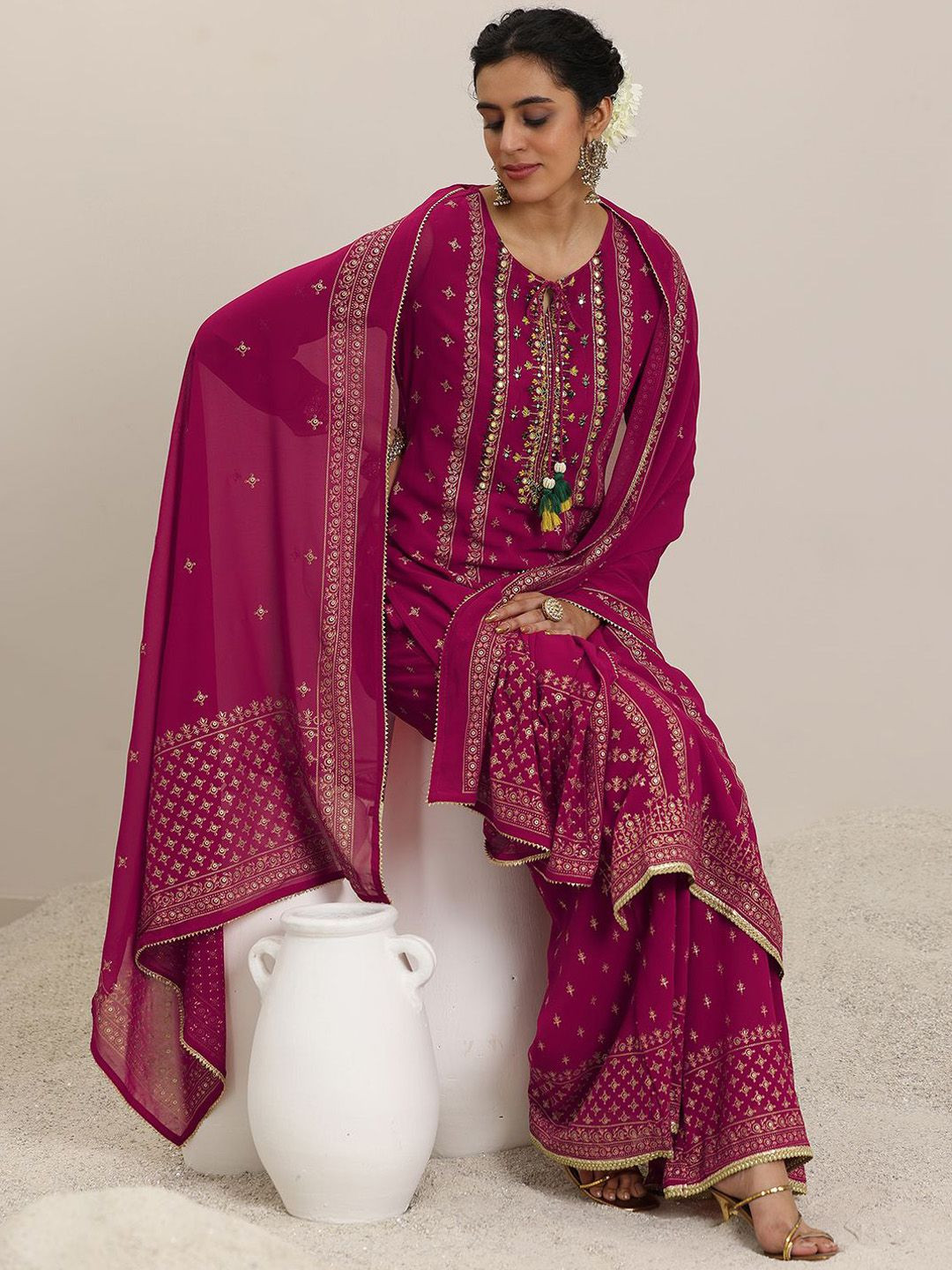 Libas Floral Embroidered Tie-Up Neck Thread Work Georgette Kurta With Palazzos And Dupatta