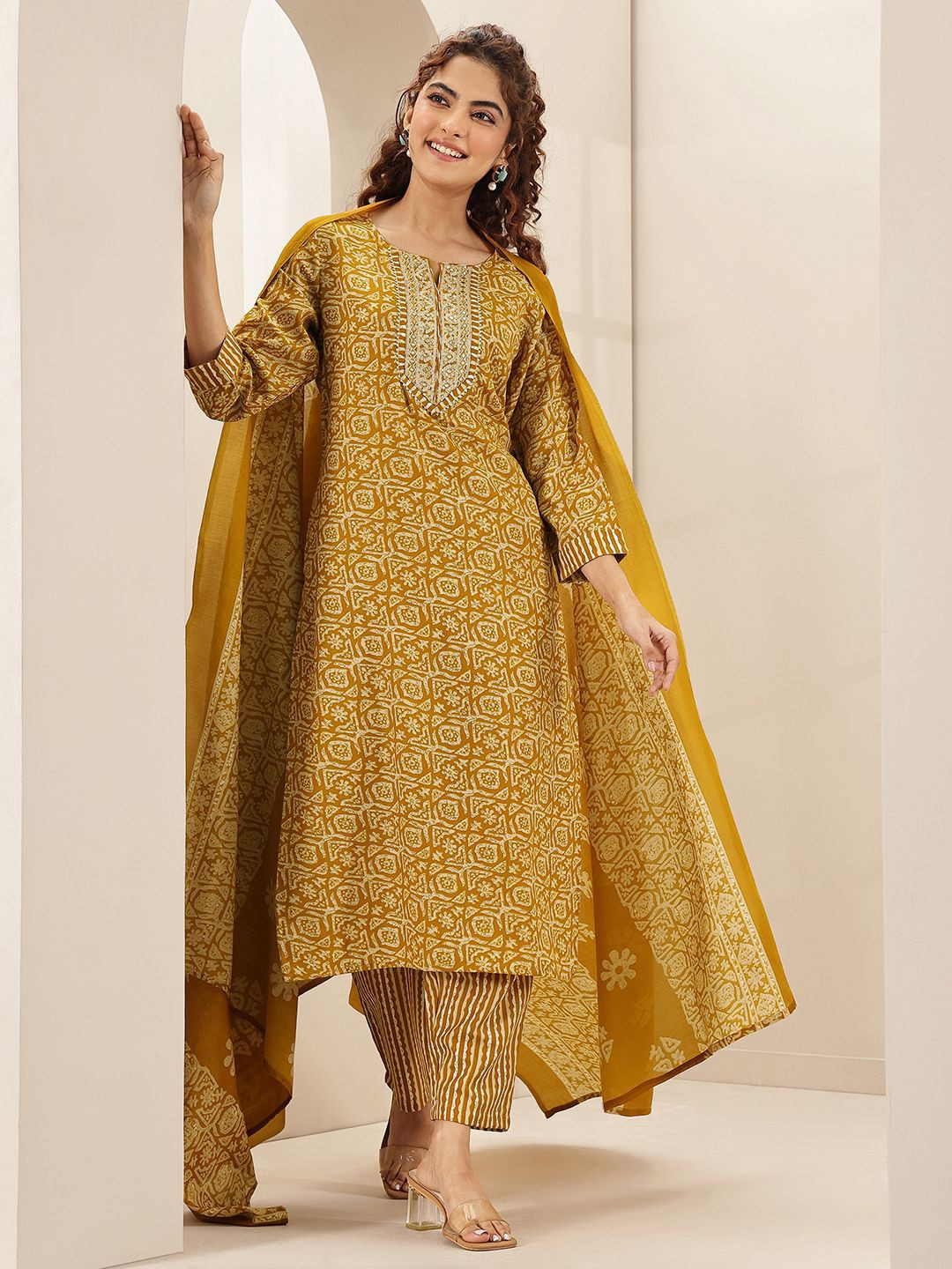 Gerua By Libas Ethnic Motifs Printed Round Neck Thread Work Straight Kurta With Trousers & Dupatta