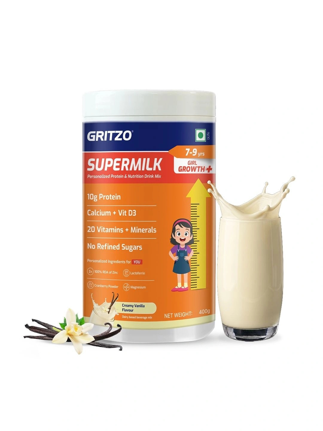 Gritzo SuperMilk Growth+ 7-9 Girls Protein Powder 400g Creamy Vanilla