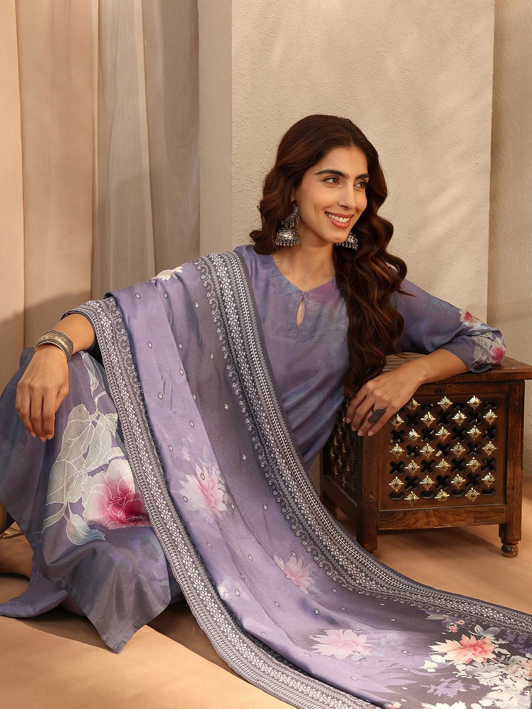 Gerua By Libas Floral Printed Keyhole Neck Straight Kurta With Trousers & Dupatta