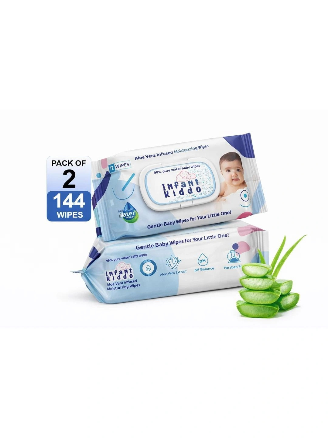 Infant Kiddo Kids Set Of 2 Moisturizing Baby Wipes With Aloe Vera - 72 Wipes Each