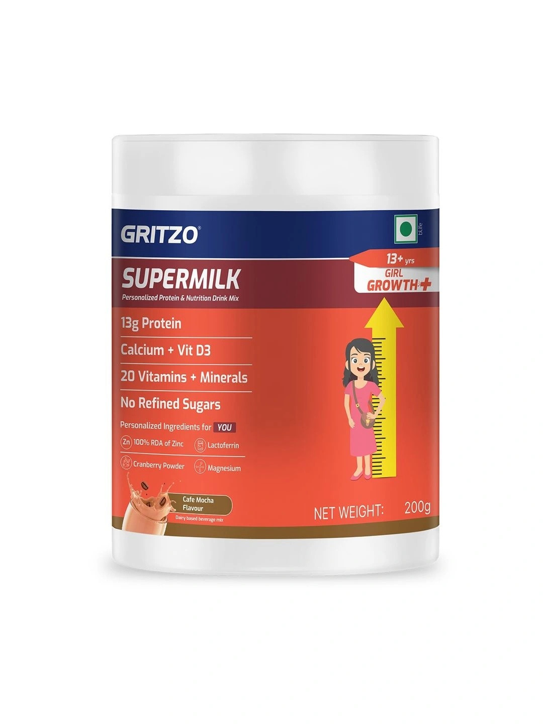 Gritzo Kids SuperMilk Growth Protein Powder- 200 g- Cafe Mocha