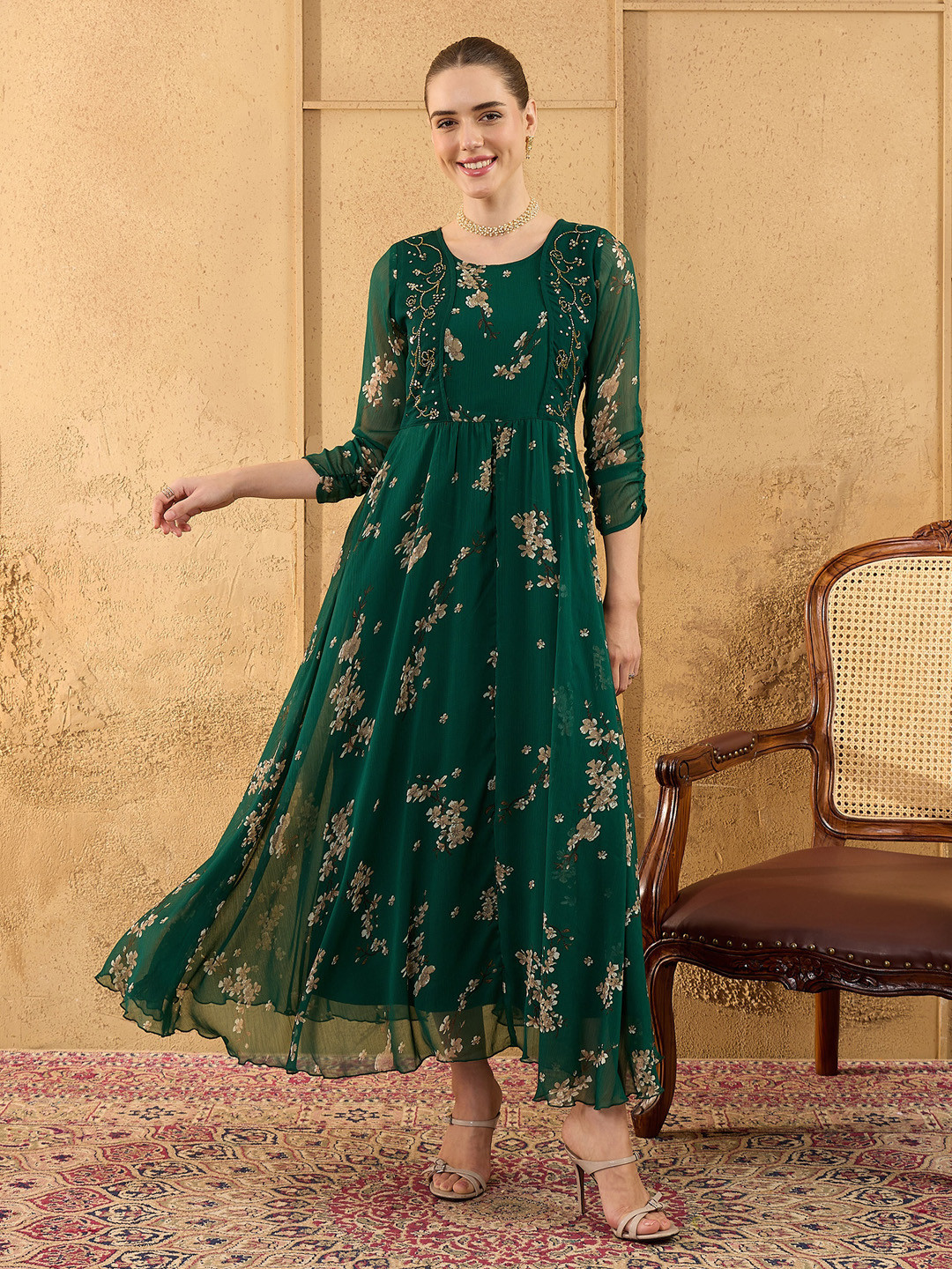 Antheaa Floral Print Embellished Chiffon A-Line Maxi Dress