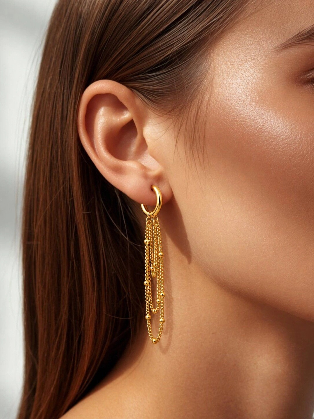 DIVING SWAN Women 18K Thick Gold Plated Diya Chain Drop Earrings