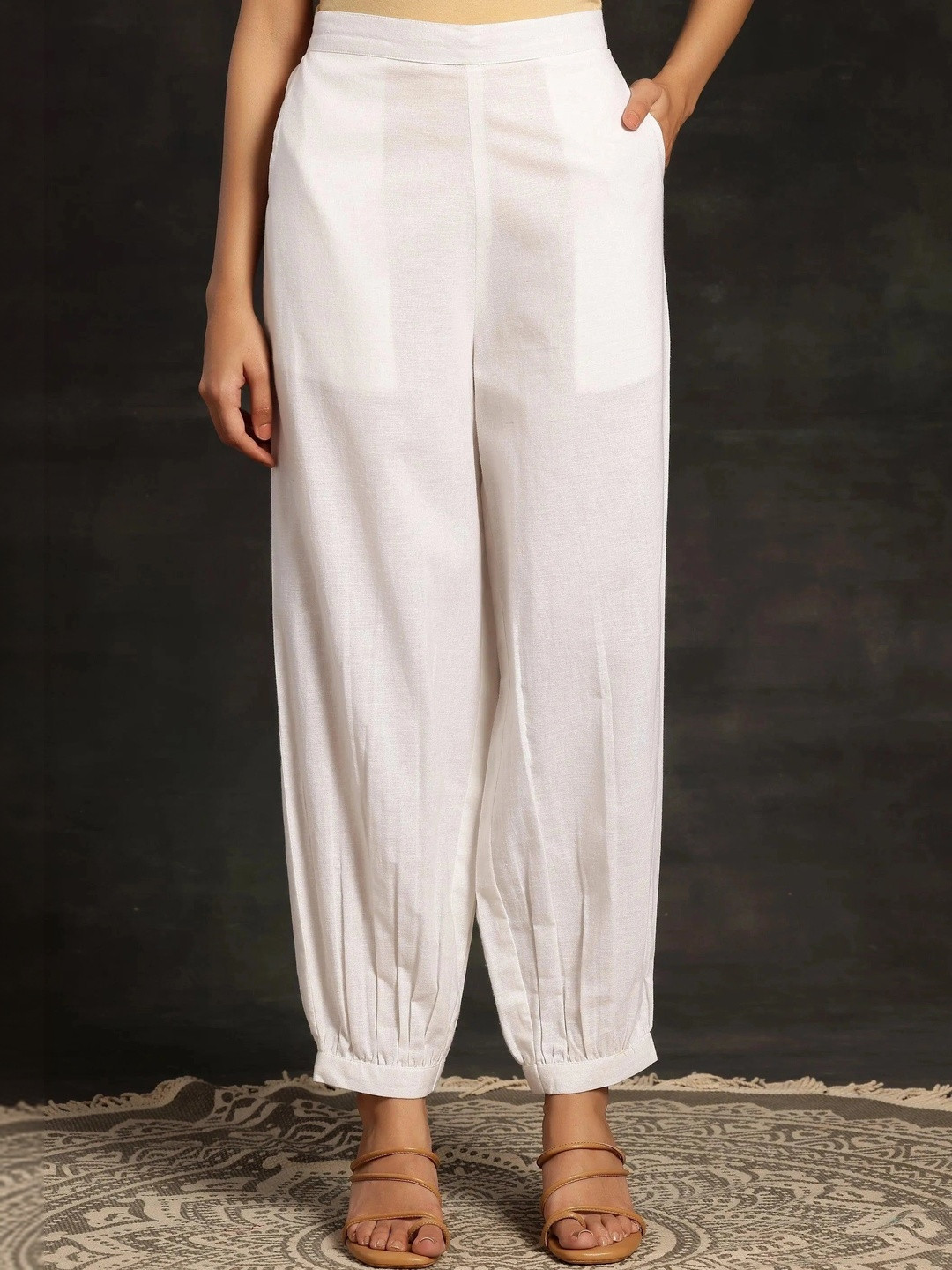 Libas Women White Solid Cotton Salwar