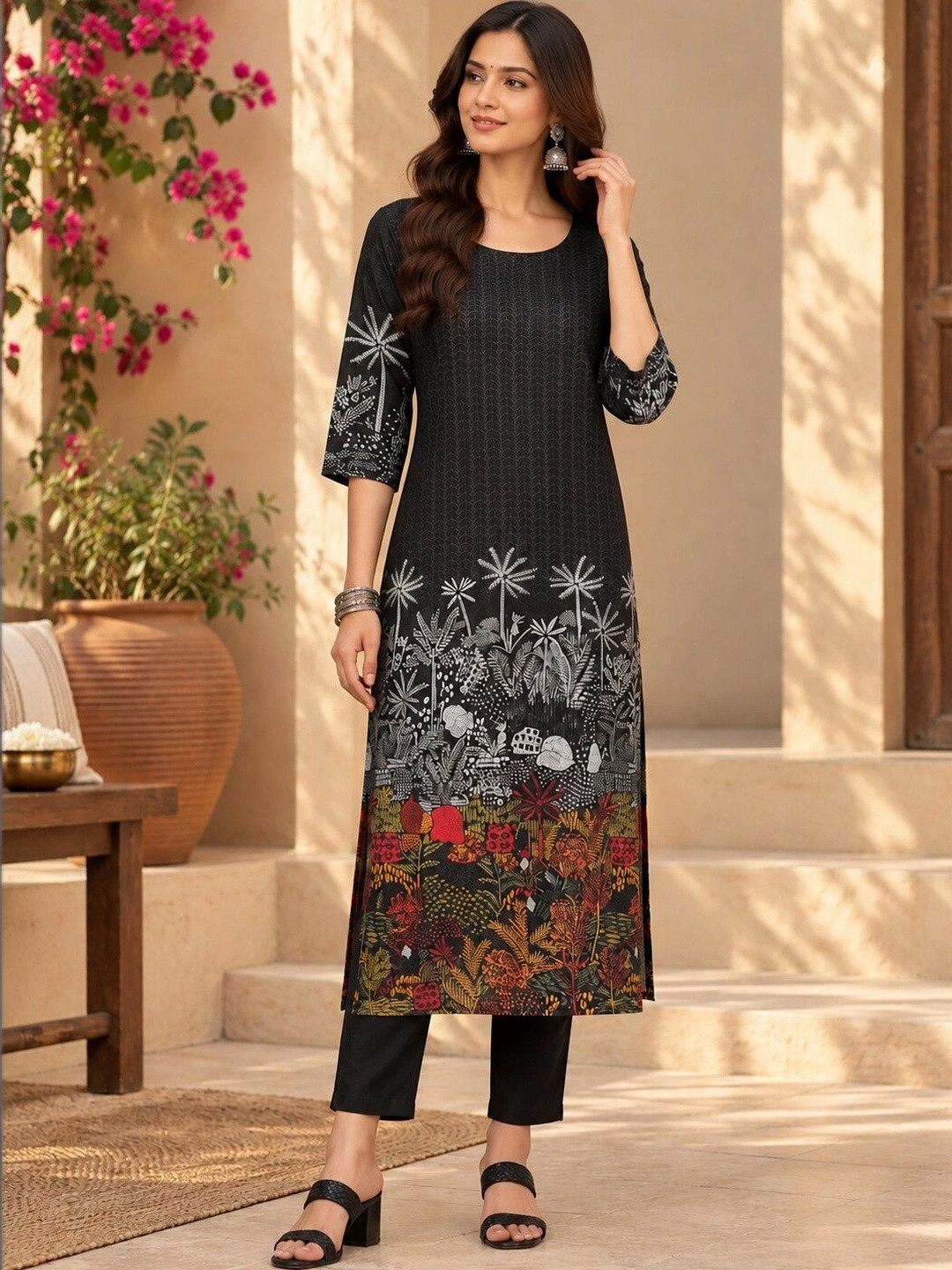 Silk Land Women Floral Printed Keyhole Neck Floral Kurta