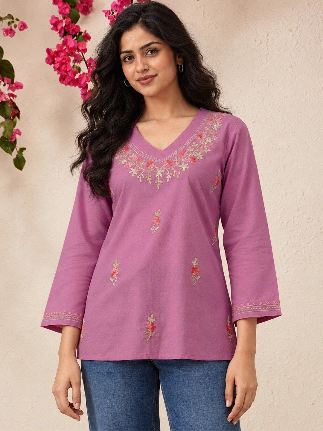 QAZMI Women Pure Cotton Aari Work V-Neck Full Sleeves Kurti