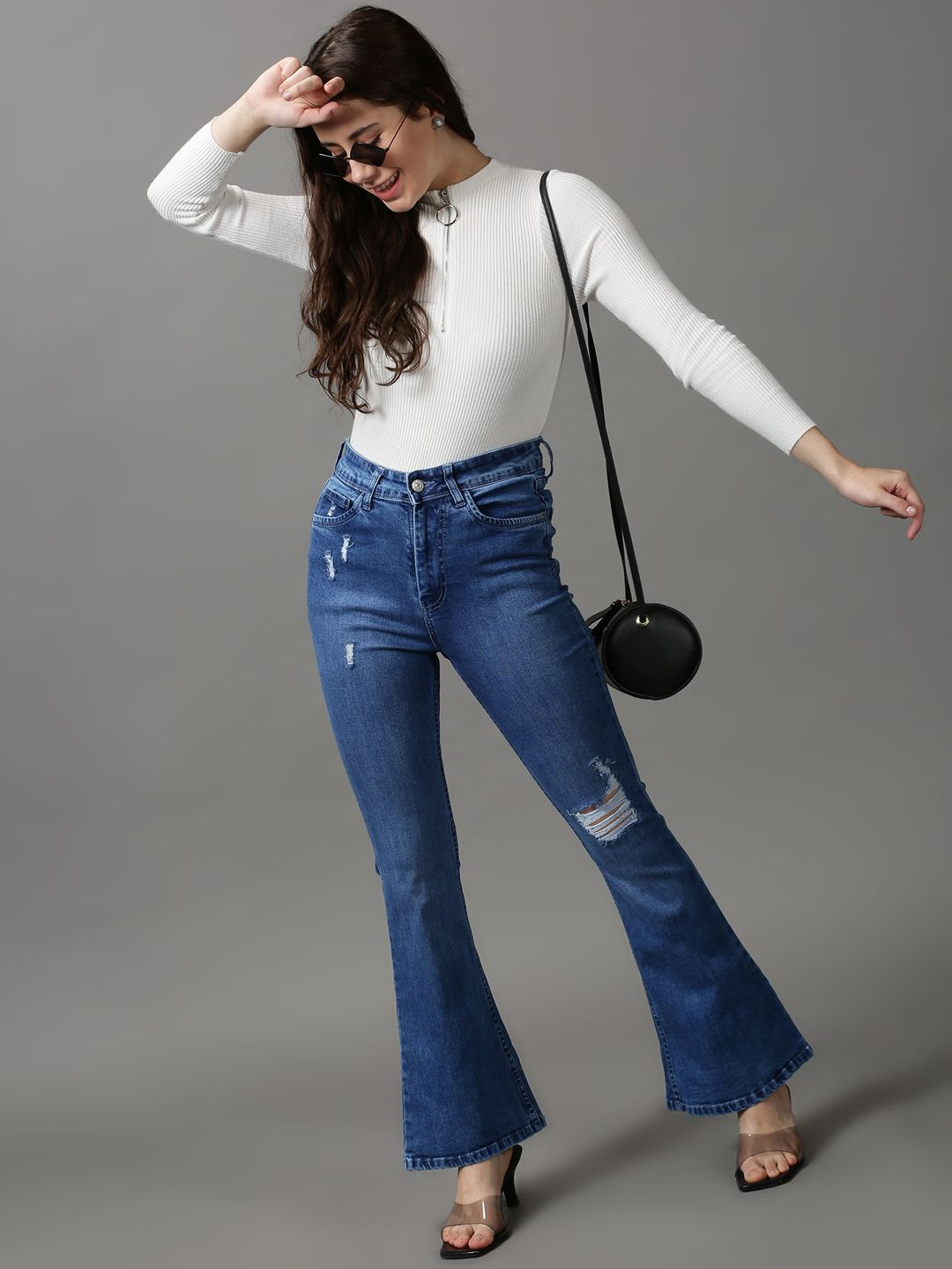 SHOWOFFFF Women Blue Bootcut Low Distress Light Fade Stretchable Jeans