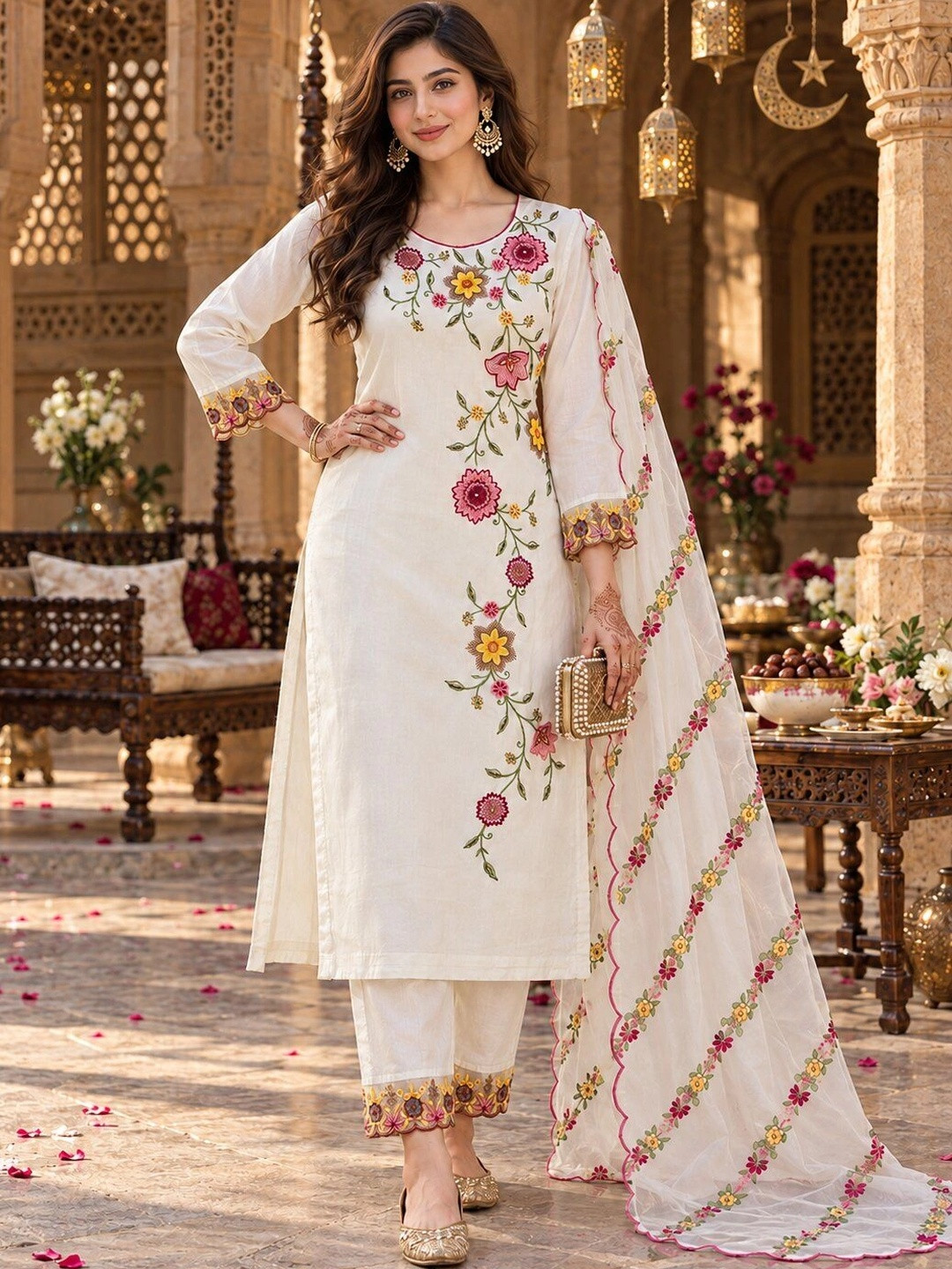 Berrylicious Floral Embroidered Thread Work Chanderi Silk Kurta with Trousers & Dupatta
