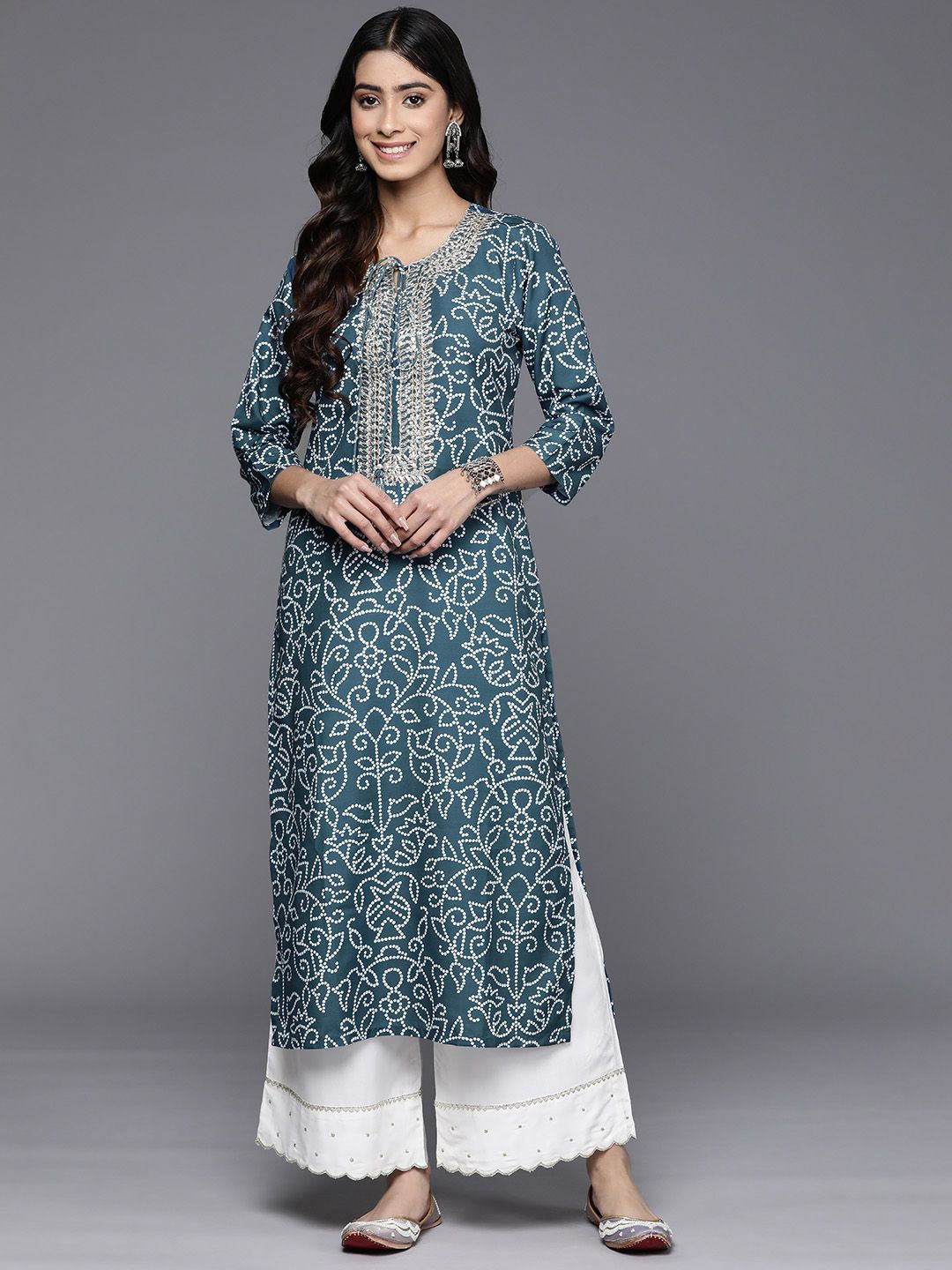 Varanga Women Teal Bandhani Gota & Mirror Work Embroidered Tie-Up Neck Cotton Kurta