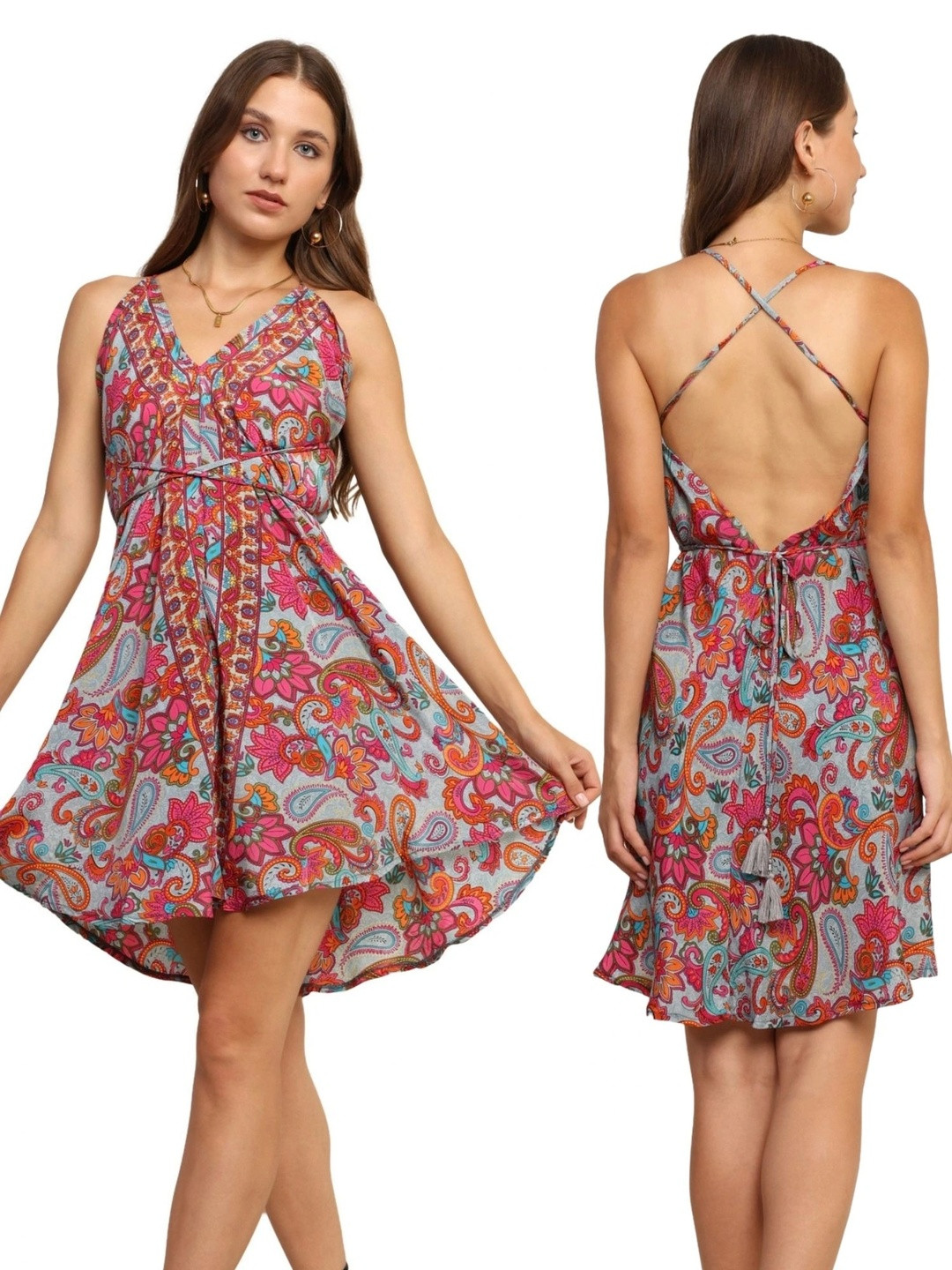 GALE GIRLS Paisley Printed Halter Neck Sleeveless A-Line Dress
