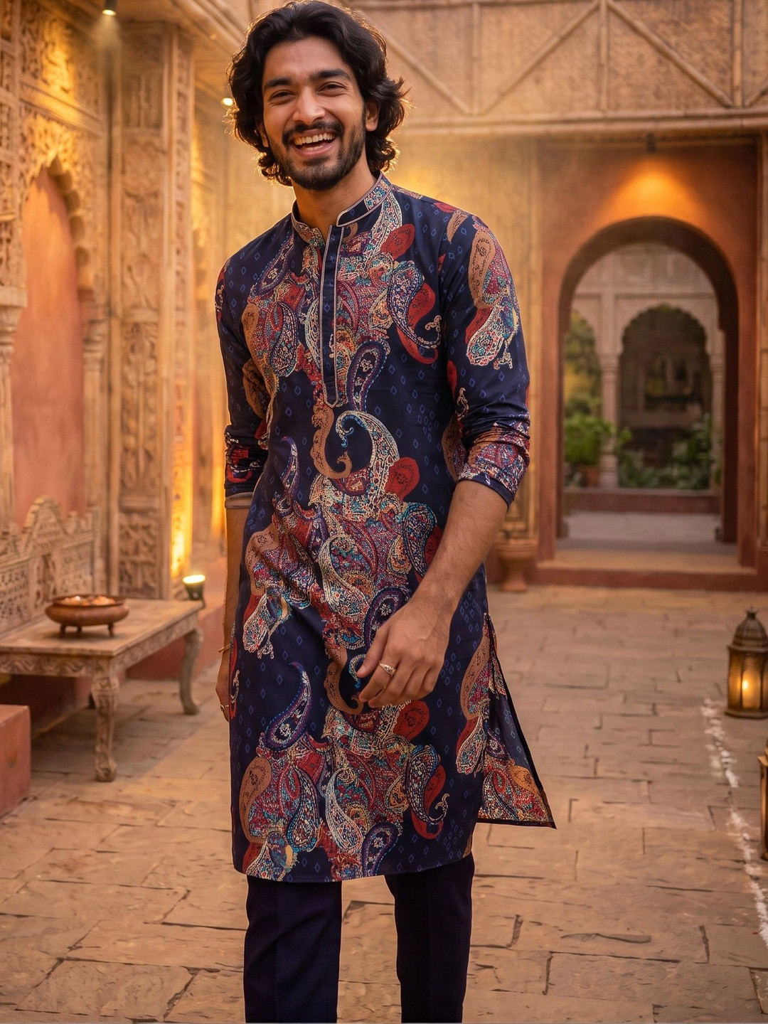 KISAH Navy Blue Ethnic Motifs Printed Mandarin Collar Straight Kurta