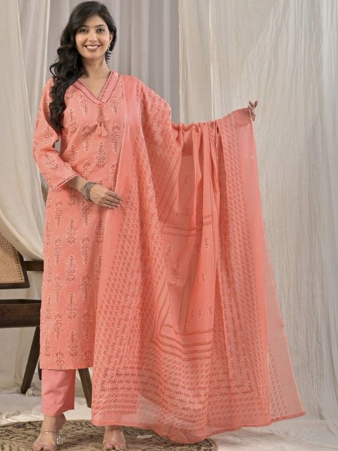 Yashee Women Ethnic Motifs Printed Regular Pure Cotton Kurta with Trousers & With Dupatta