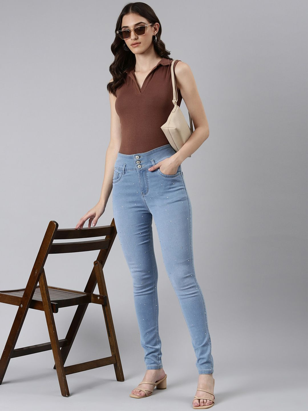 SHOWOFFFF Women Jean Skinny Fit High-Rise Embellished Stretchable Jeans
