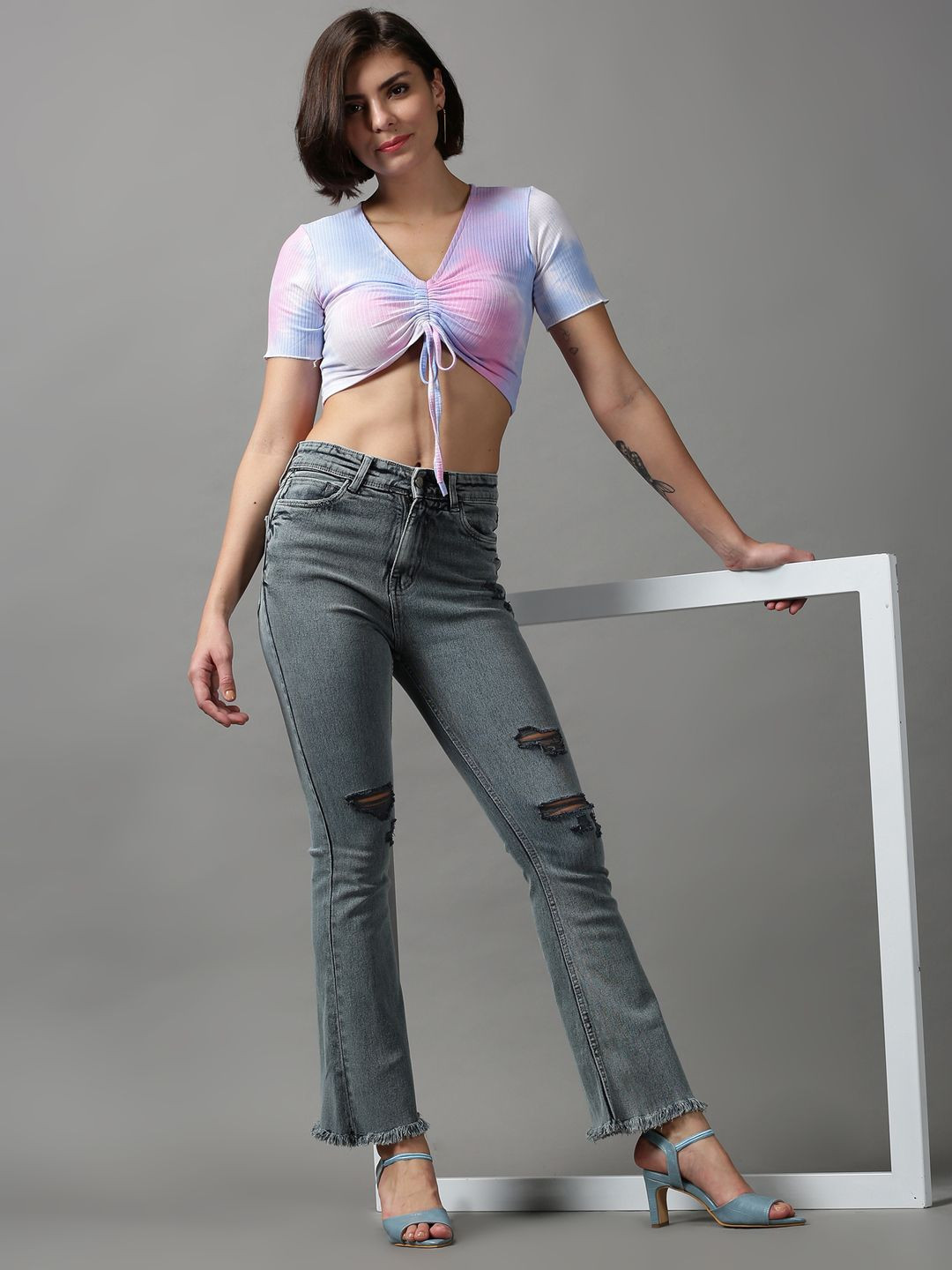 SHOWOFFFF Women Grey Bootcut Mildly Distressed Light Fade Stretchable Jeans
