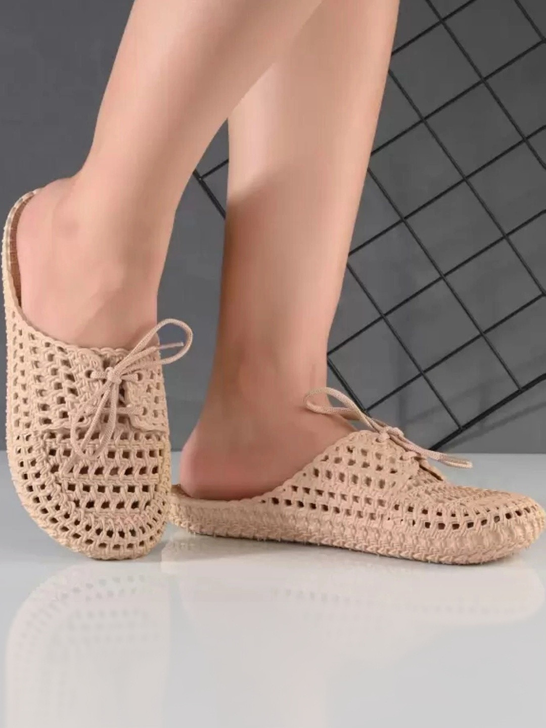 Monoction Women Textured Round Toe Laser Cuts Rubber Open Toe Flats