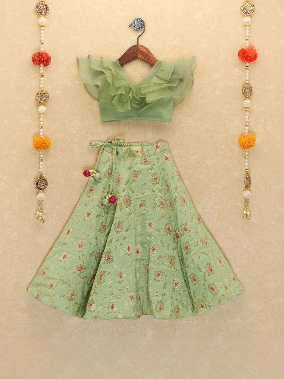 PICCOLO Girls Green Sleeveless Floral Printed Lehengas & Blouses Set