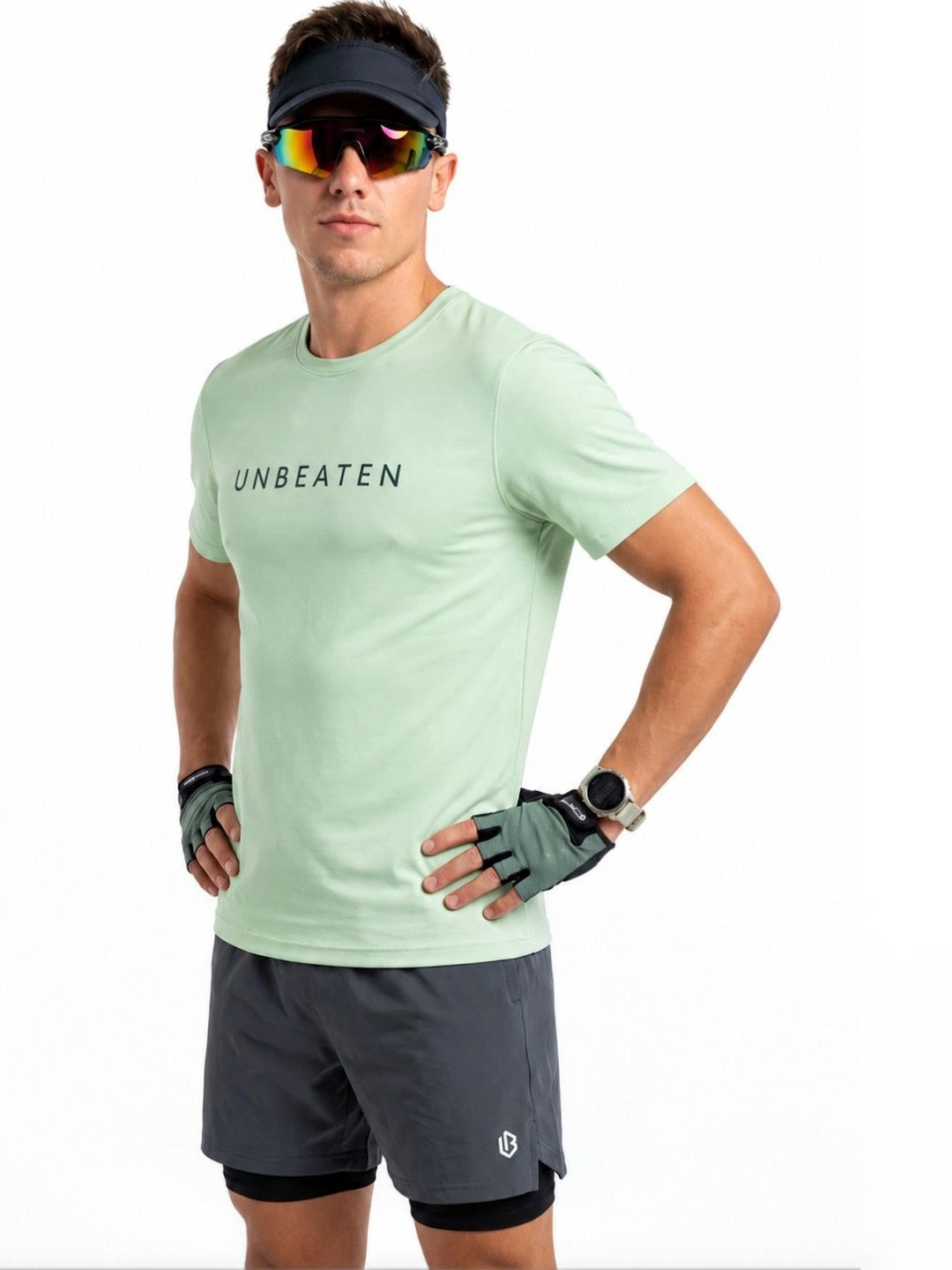 UNBEATEN Sea Green Solid Round Neck Regular Fit Short Sleeve Workout T-Shirt of Unbeaten