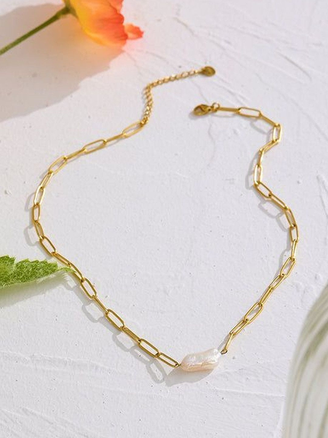 DIVING SWAN Women 18K Thick Gold Plated Kavya Pearl Baroque Charm Necklace
