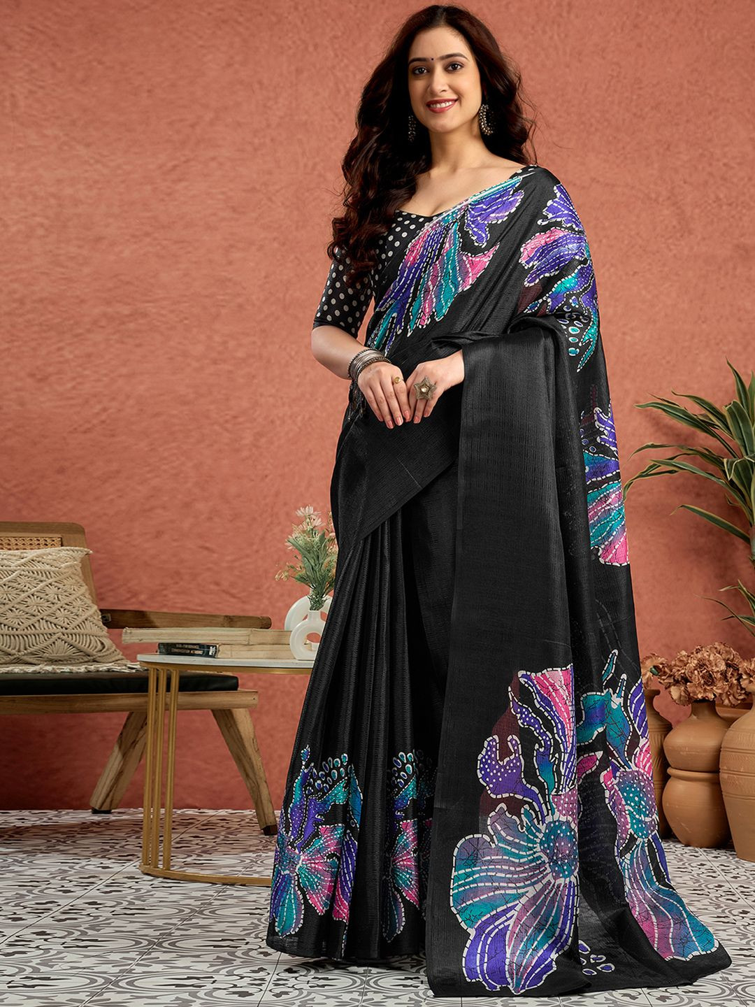 Sangria Women Printed Tussar Saree With Unstitched Blouse Piece