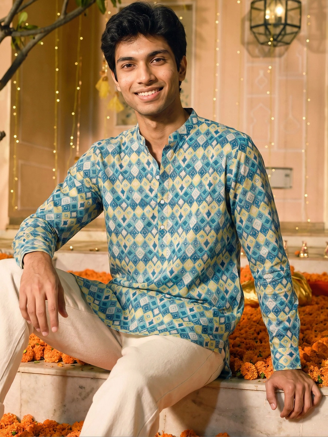 Men Printed Silk Short Kurta