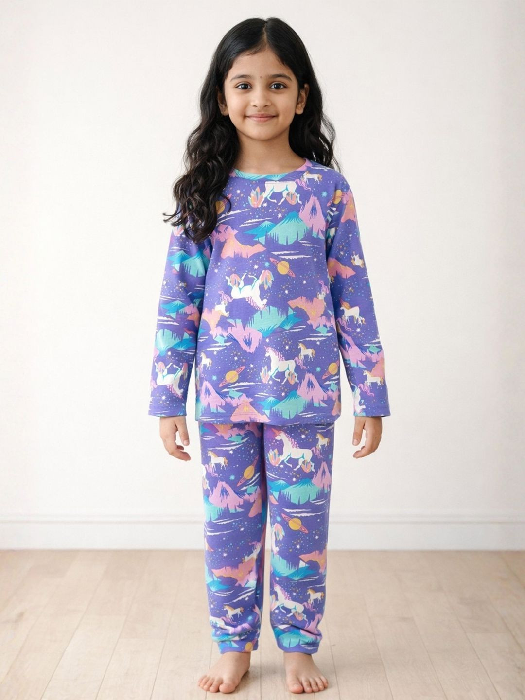 Anthrilo Kids Girls Purple Unicorn Planet Print Long Sleeve Round Neck Cotton Night Suit