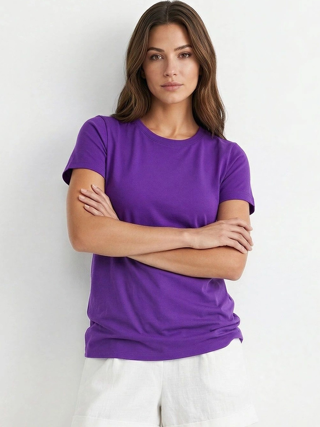DKY Women Solid Round Neck Cotton T-shirt