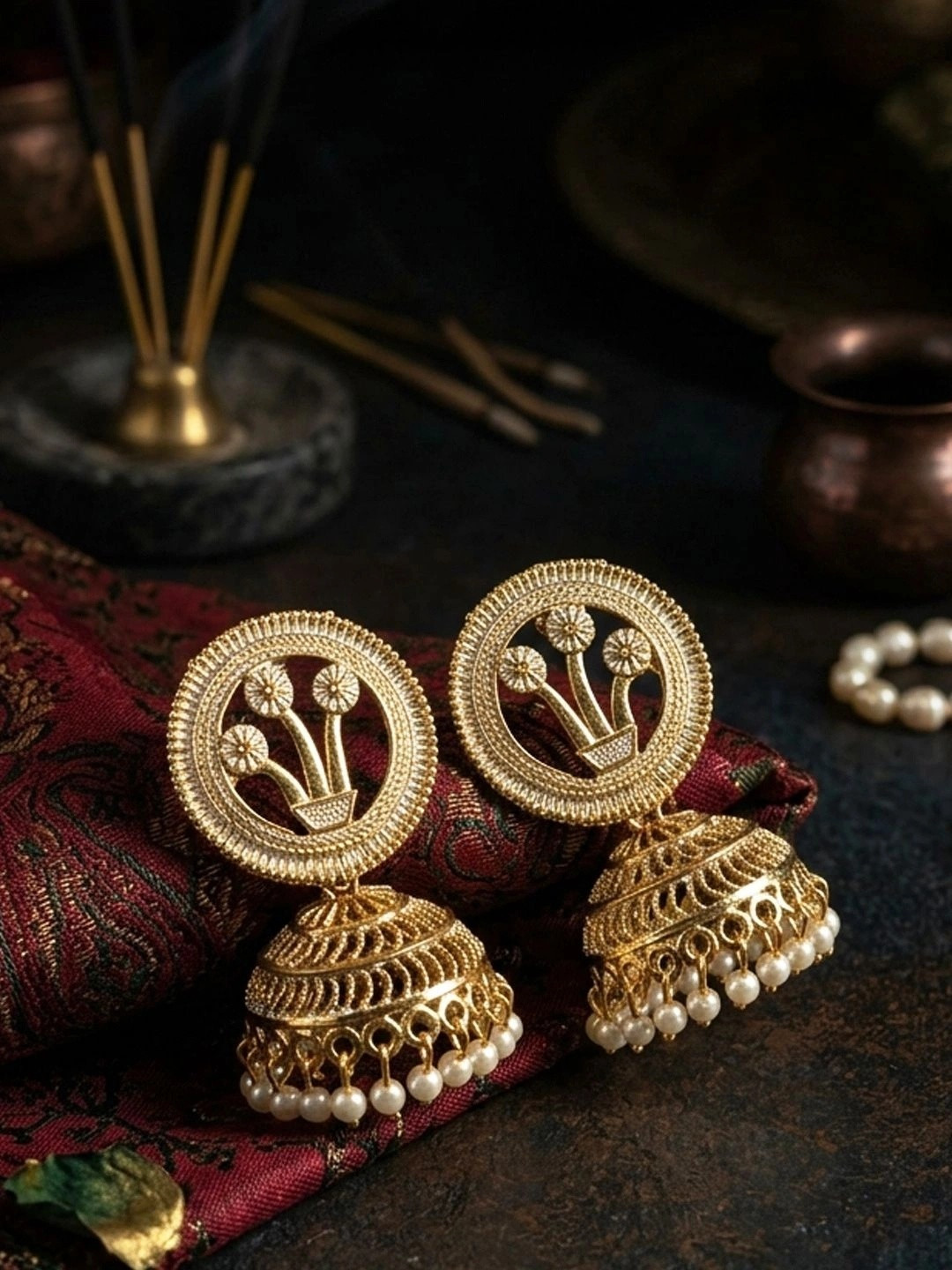 ANIKAS CREATION Gold & White Dome Shaped Jhumkas