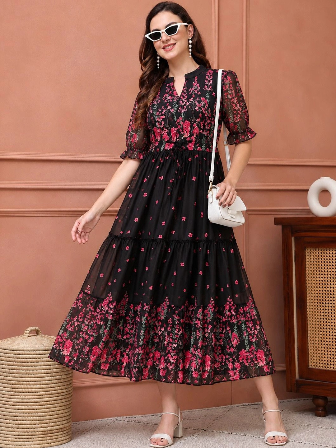 JANKHI Floral Print Puff Sleeve Georgette A-Line Midi Dress