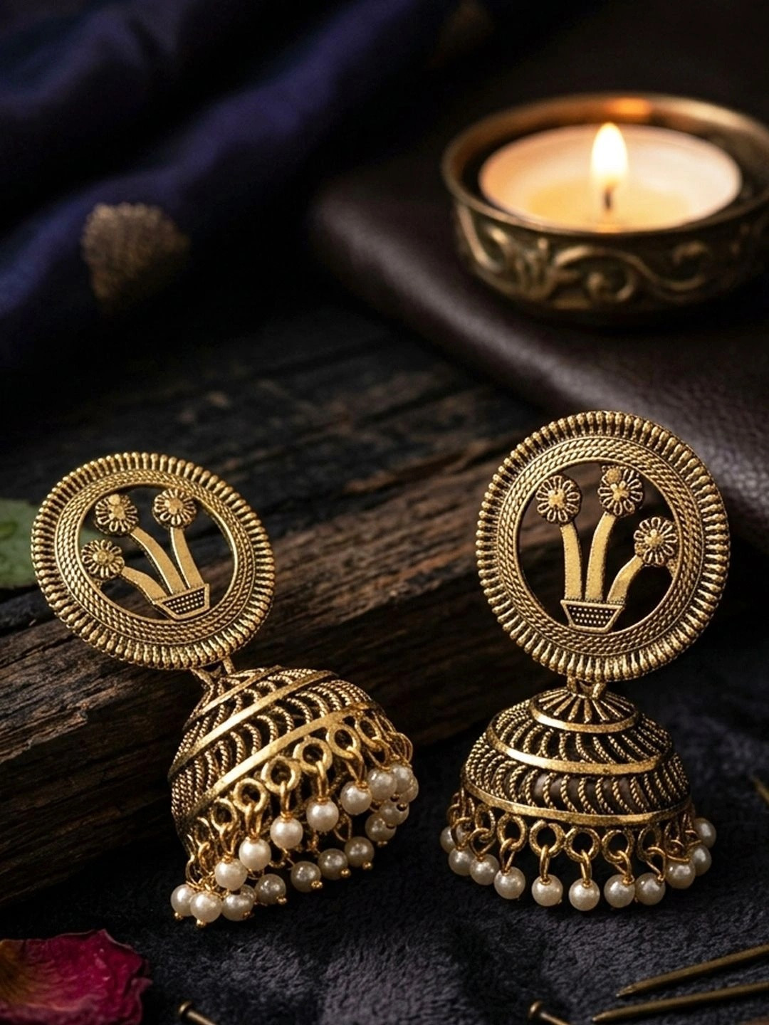 ANIKAS CREATION Gold-Plated Black Oxidised Dome Shaped Jhumkas