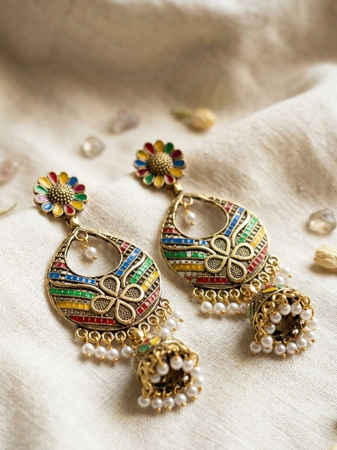 ANIKAS CREATION Gold-Plated & Green Handcrafted Teardrop Shaped Jhumkas