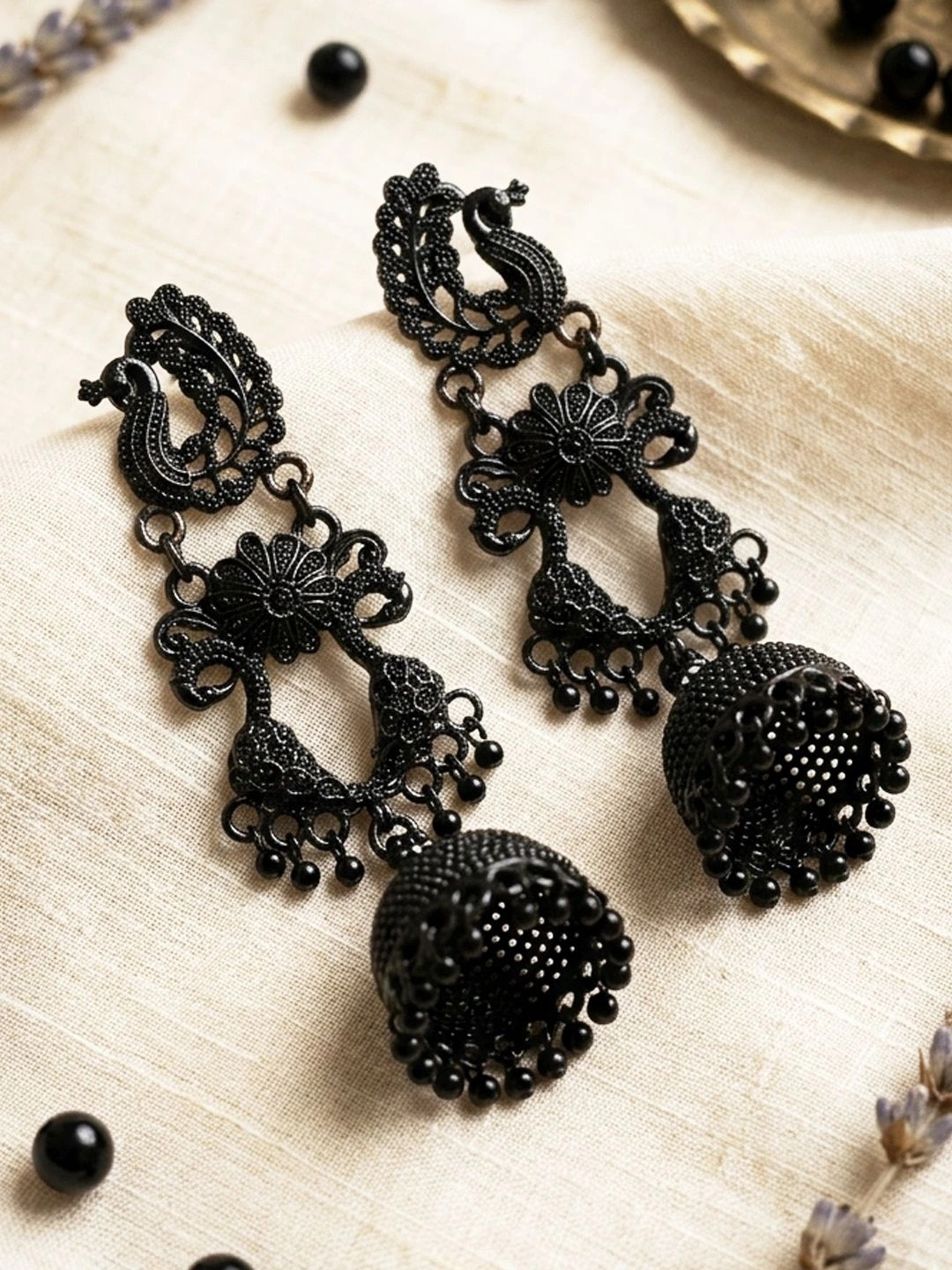 ANIKAS CREATION Black Peacock Shaped Jhumkas