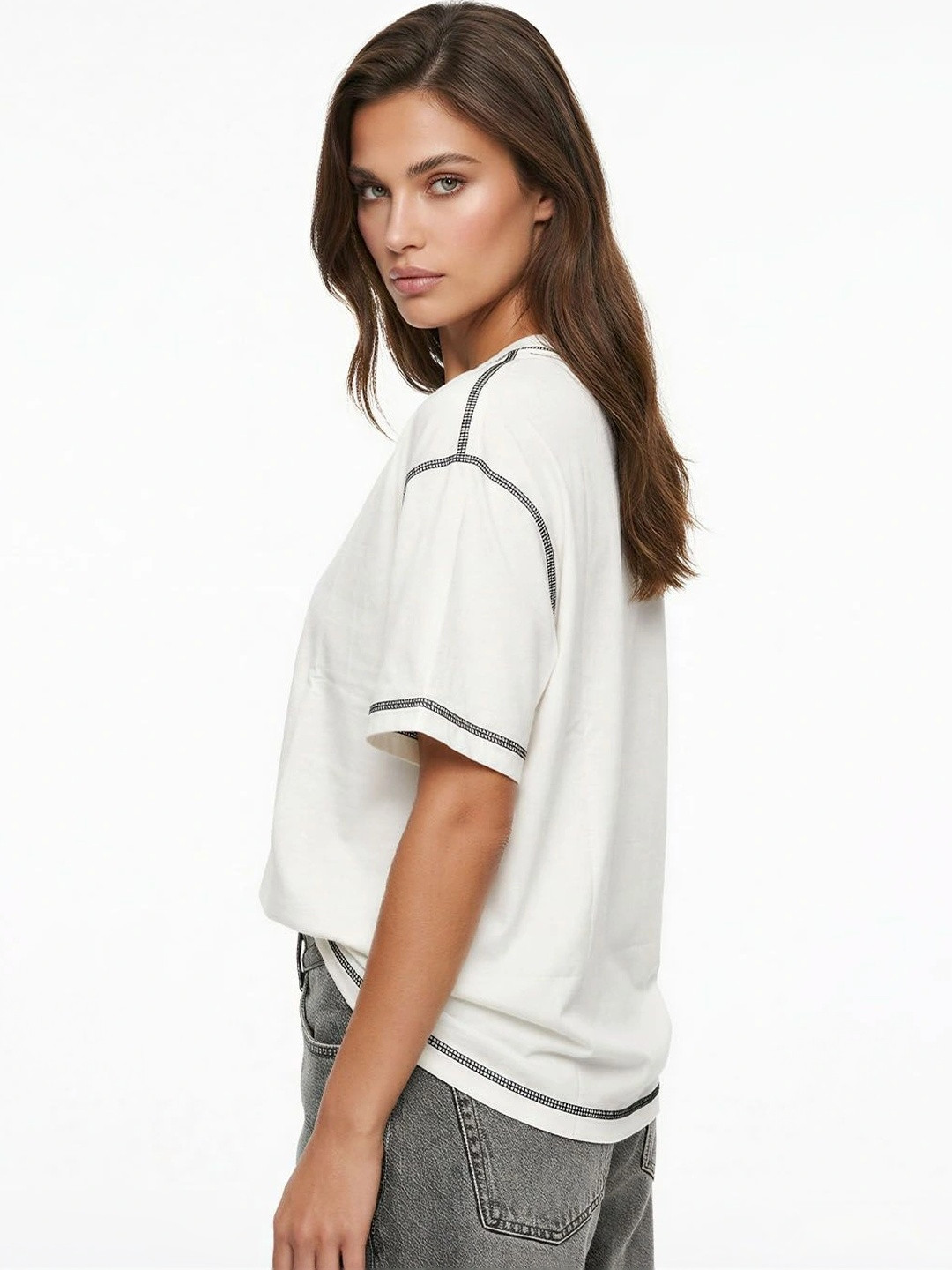 DKY Women Drop-Shoulder Sleeves T-shirt