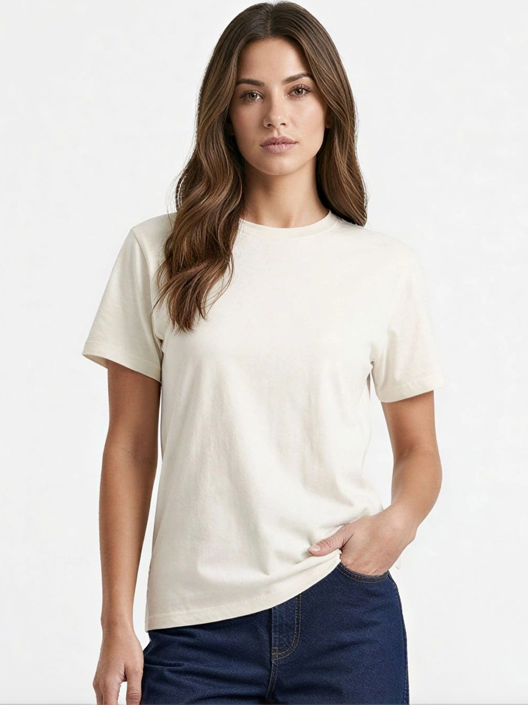 DKY Women Solid Round Neck Cotton T-shirt