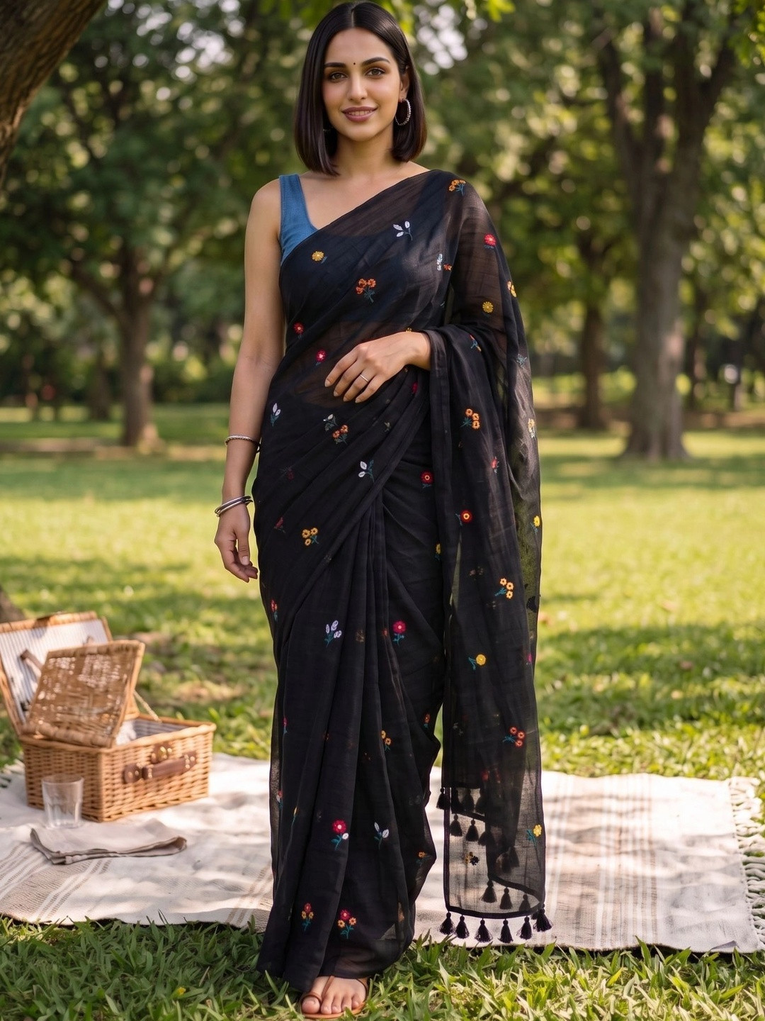 MAYIN India Women Black Floral Embroidered Pure Mul Cotton Saree