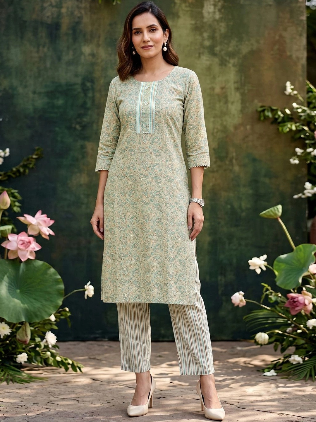 KALINI Green Paisley Printed Regular Gotta Patti Pure Cotton Kurta with Trousers