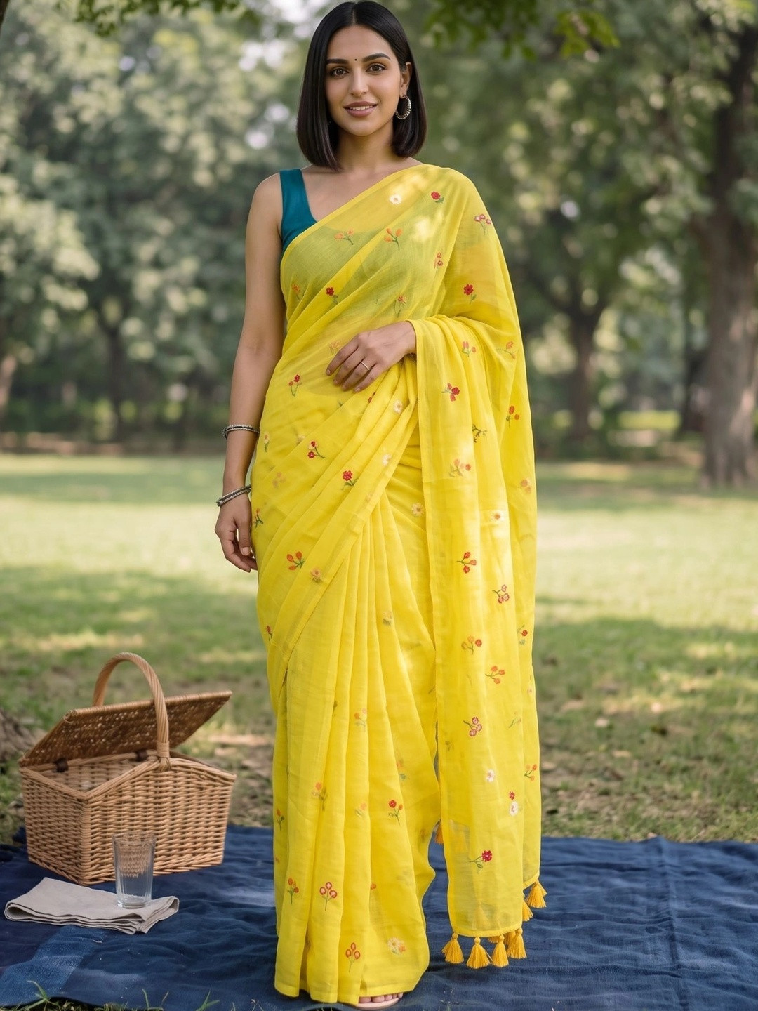 MAYIN India Women Yellow Floral Embroidered Pure Mul Cotton Saree