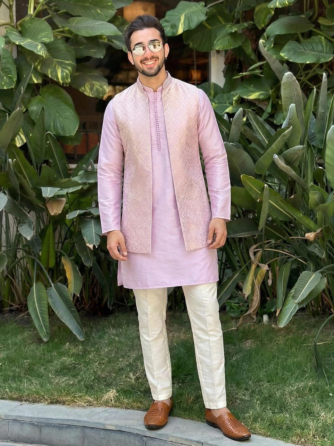 KISAH Plus Size Men Solid Kurta Front Open Jacket Trouser Set