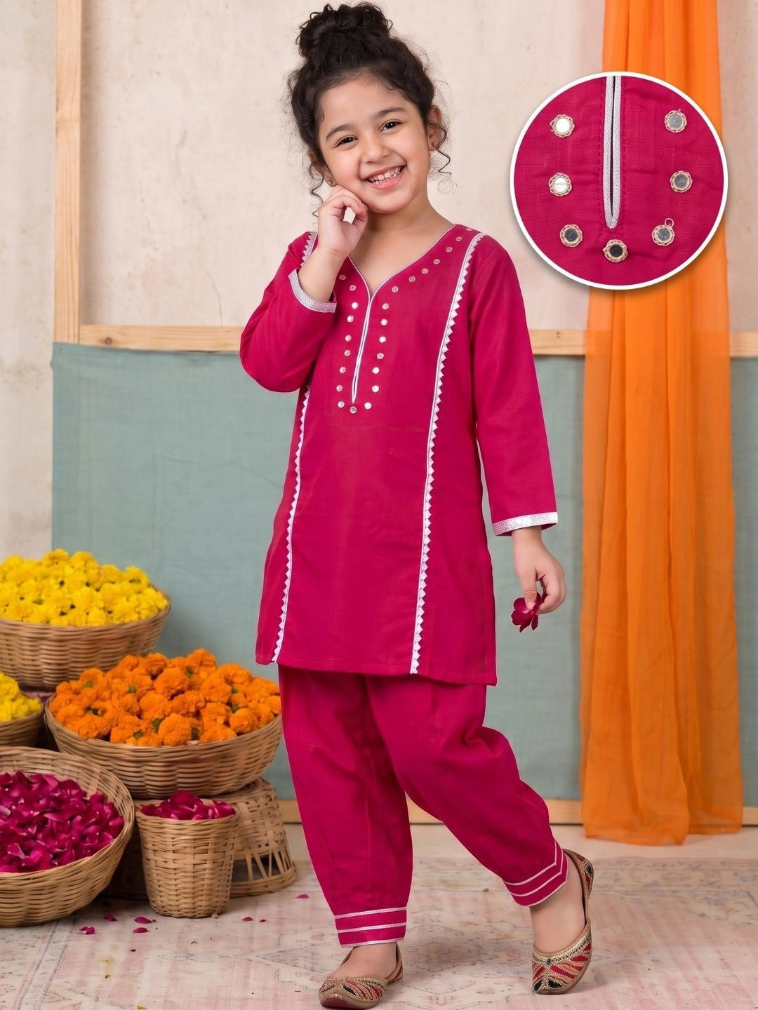 Aj DEZInES Girls Regular Mirror Work Pure Cotton Kurta with Patiala