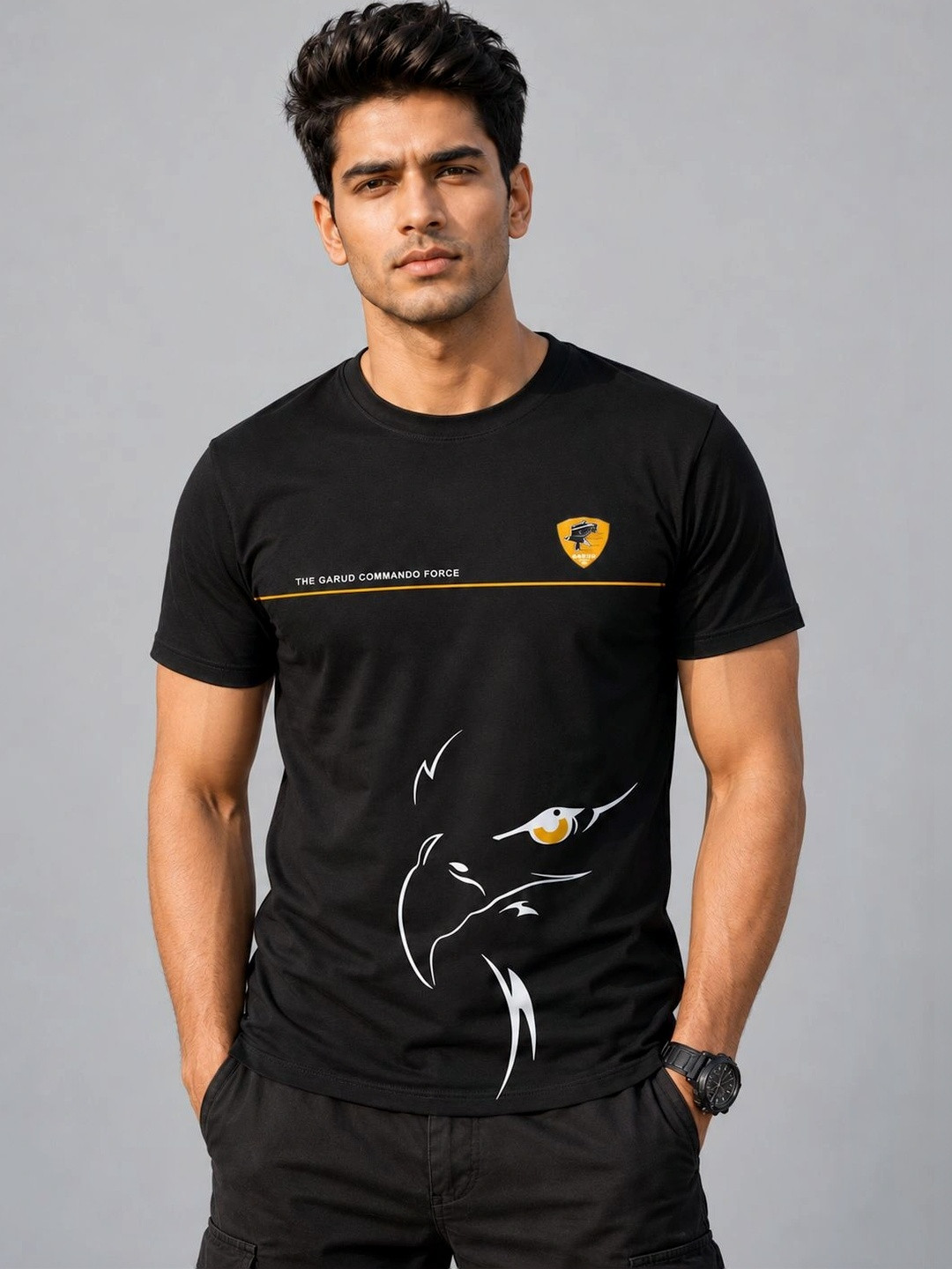 Warrior World Men Black Cotton T-shirt