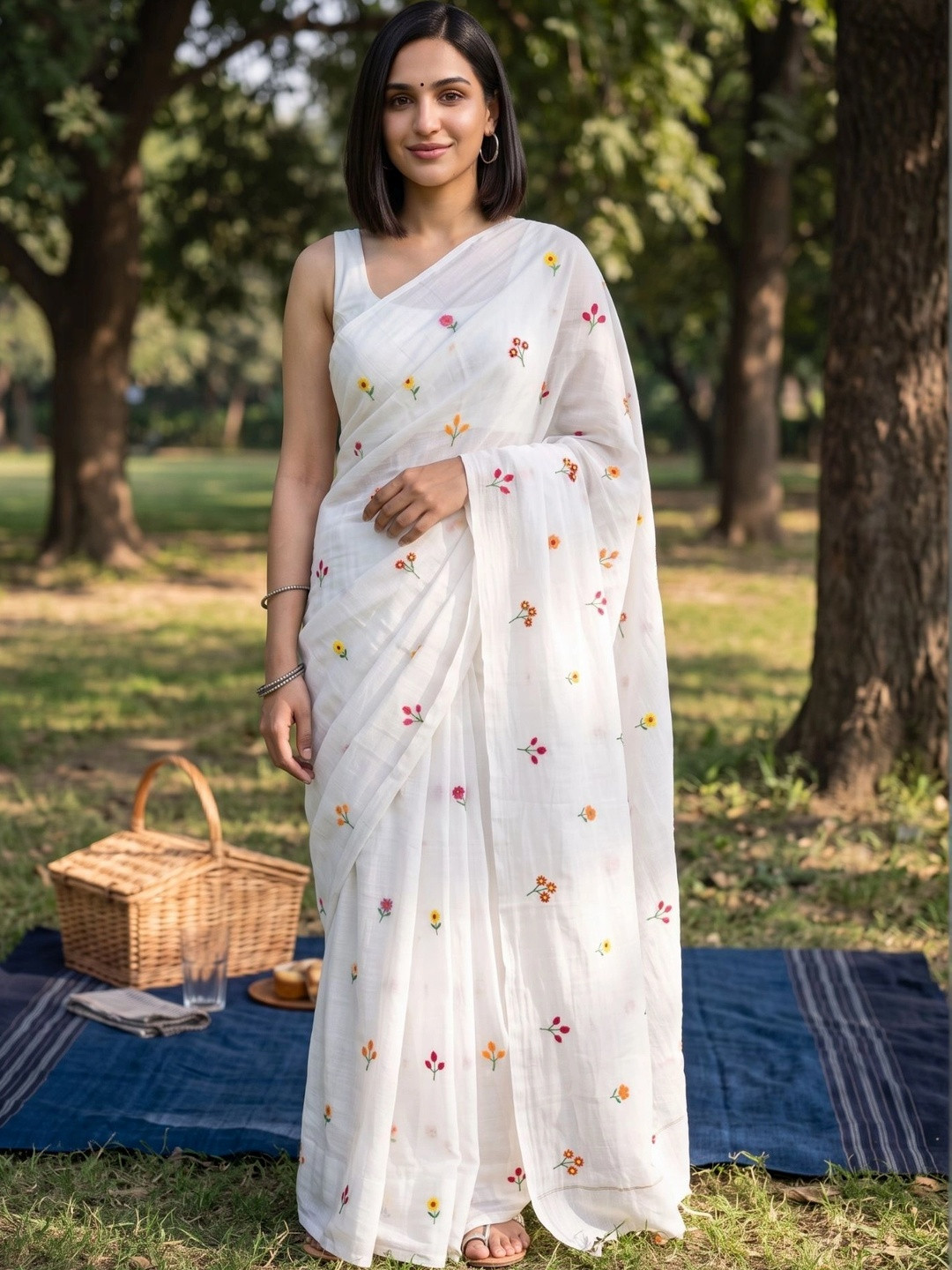 MAYIN India Women White Floral Embroidered Pure Mul Cotton Saree