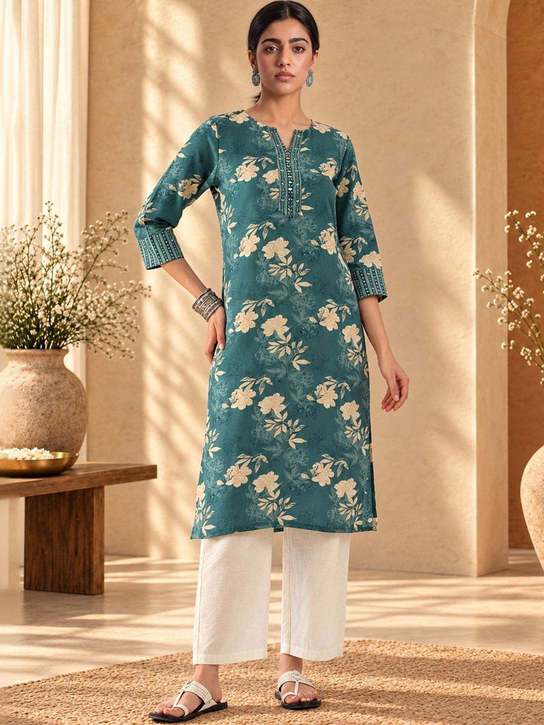 Sabhyata Women Floral Printed Mirror Work Floral Kurta