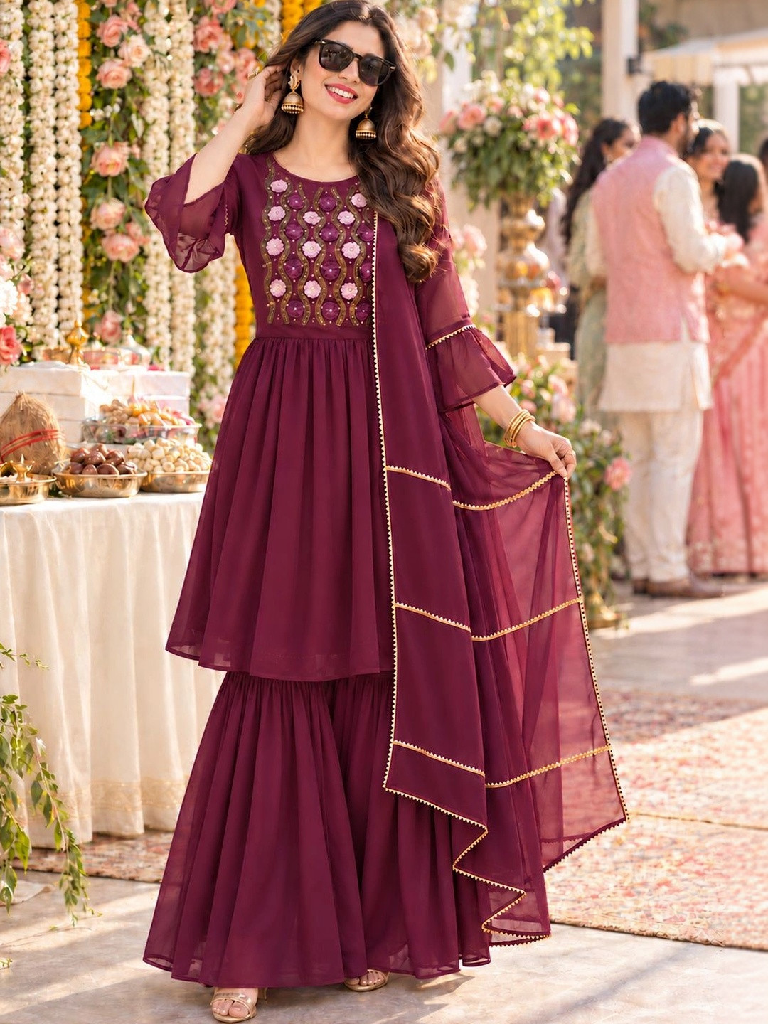 KALINI Floral Yoke Design Gotta Patti Georgette A Line Kurti With Sharara & Dupatta