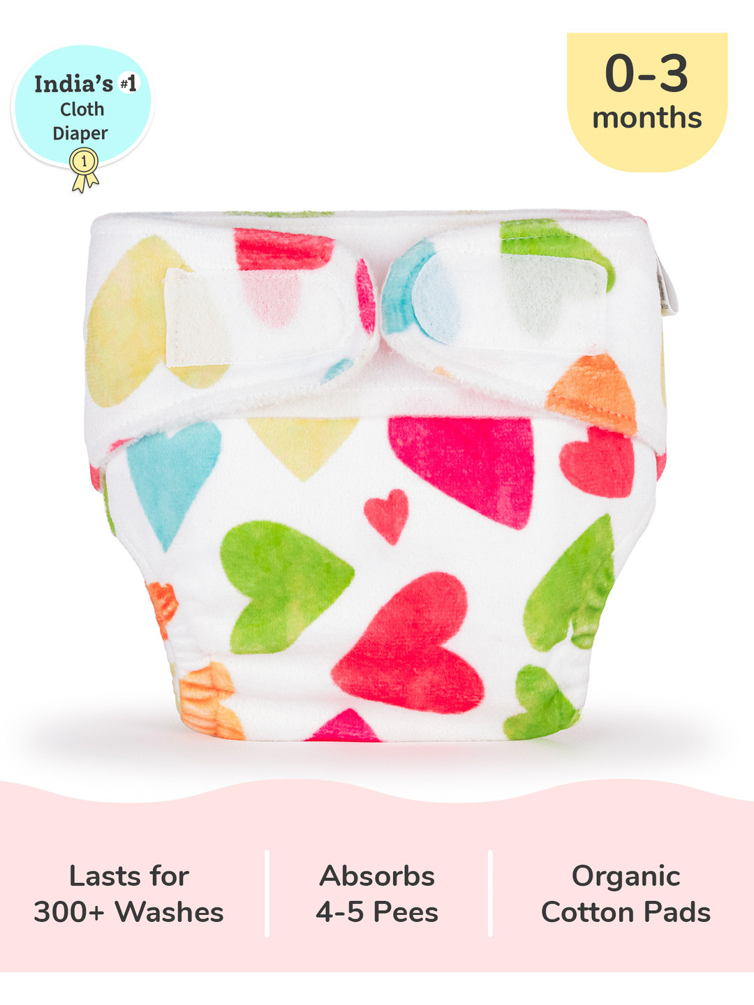 SuperBottoms Newborn UNO Baby Hearts Printed Cloth Sustainable Diaper with 1 Dry Feel Pad