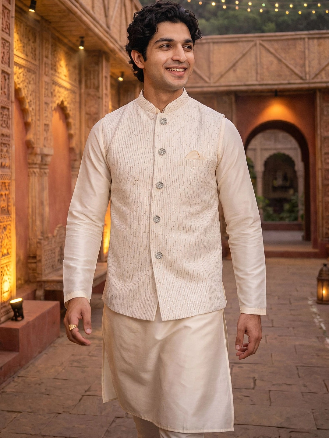 Sequinned Embroidery Kurta Jacket Churidar Set
