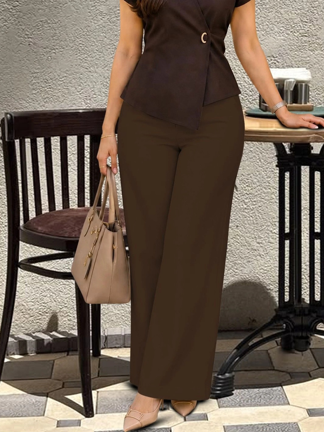 BAESD Women Relaxed Straight Fit High-Rise Wide Leg Trousers