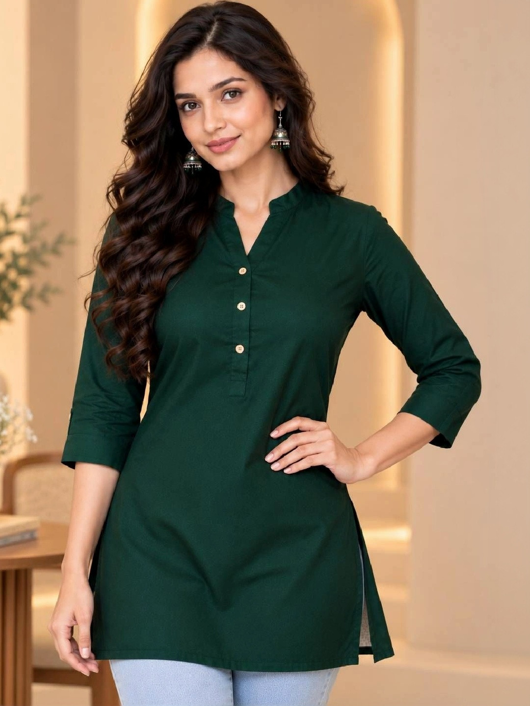 MEWEAR Women Green Mandarin Collar Rayon Top
