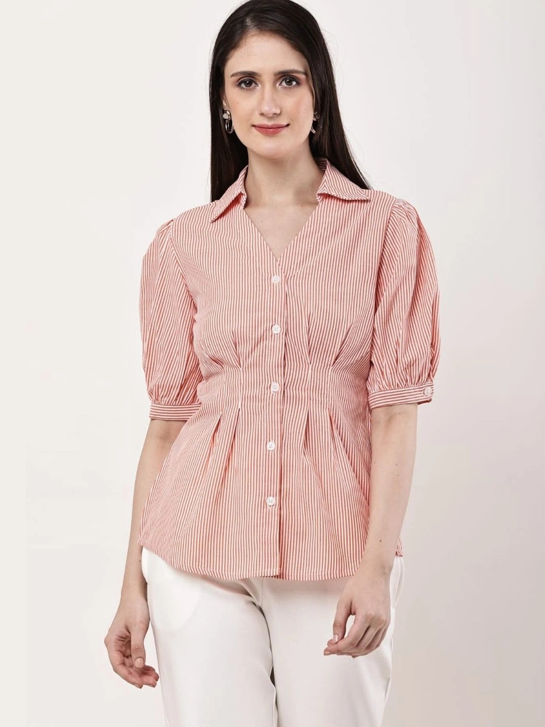 Jivitha Women Orange Cotton Puff Sleeve Stripe Colourblocked Shirt
